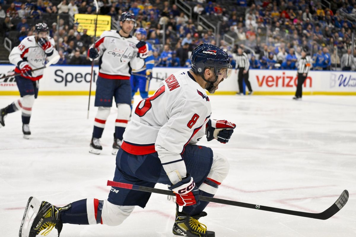 Nov 9, 2024; St. Louis, Missouri, USA;  Washington Capitals left wing Alex Ovechkin (8) reacts after scoring against the St. Louis Blues during the third period at Enterprise Center. Mandatory Credit: Jeff Curry-Imagn Images