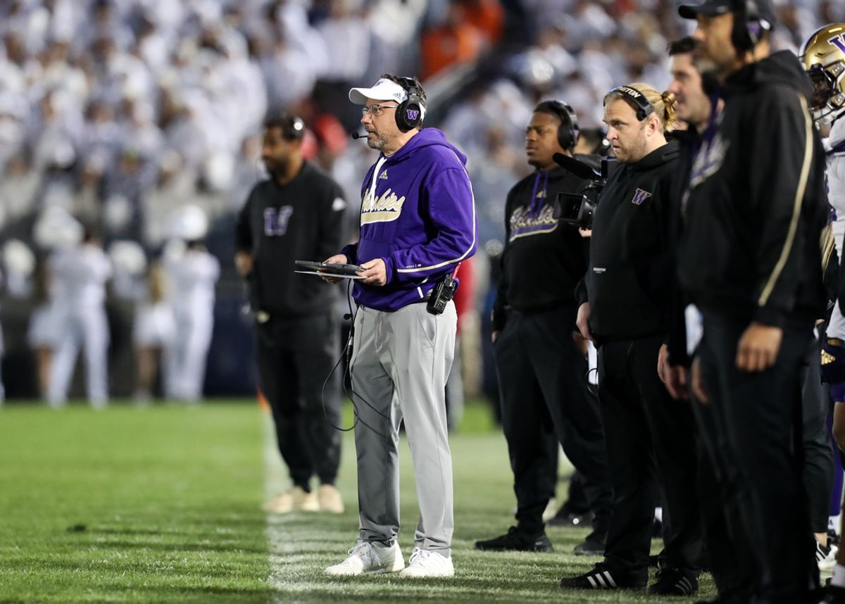 Nov 9, 2024; University Park, Pennsylvania, USA; Washington Huskies head coach Jedd Fisch looks on from the sideline during the second quarter against the Penn State Nittany Lions at Beaver Stadium. Mandatory Credit: Matthew O'Haren-Imagn Images