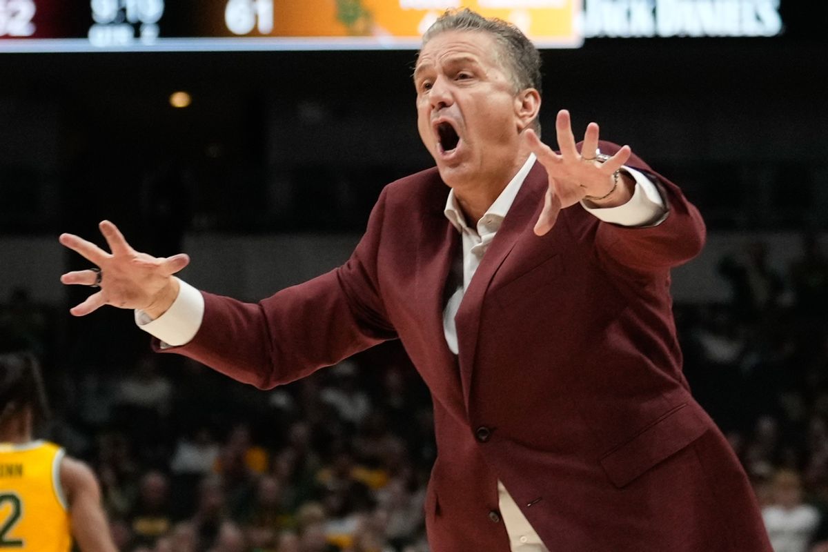 Nov 9, 2024; Dallas, Texas, USA;  Arkansas Razorbacks head coach John Calipari reacts to a call against the Baylor Bears during the second half at American Airlines Center. Mandatory Credit: Chris Jones-Imagn Images