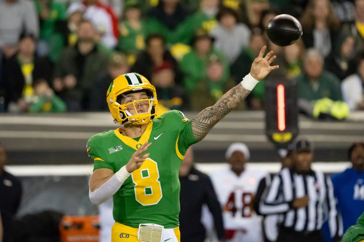 Oregon quarterback Dillon Gabriel throws out a pass as the Oregon Ducks host the Maryland Terrapins at Autzen Stadium Saturday, Nov. 9, 2024 in Eugene, Ore.