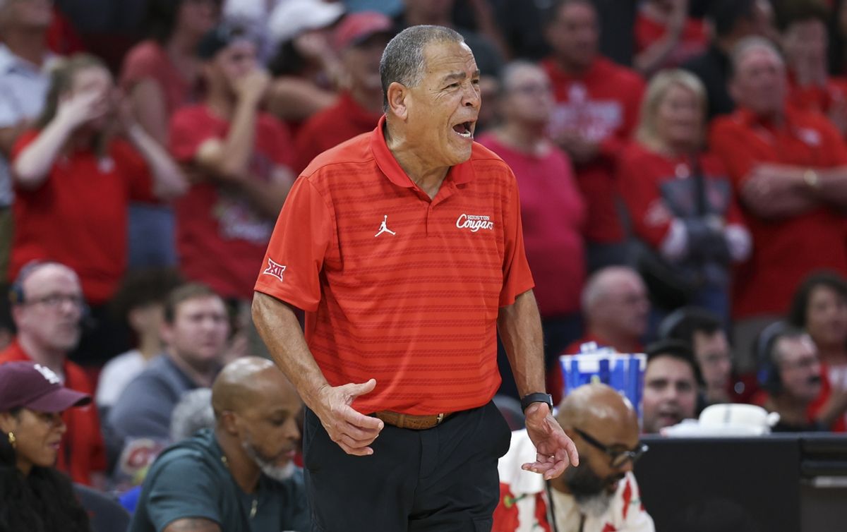 Nov 9, 2024; Houston, Texas, USA; Houston Cougars head coach Kelvin Sampson reacts after a play during the second half against the Auburn Tigers at Toyota Center. Mandatory Credit: Troy Taormina-Imagn Images