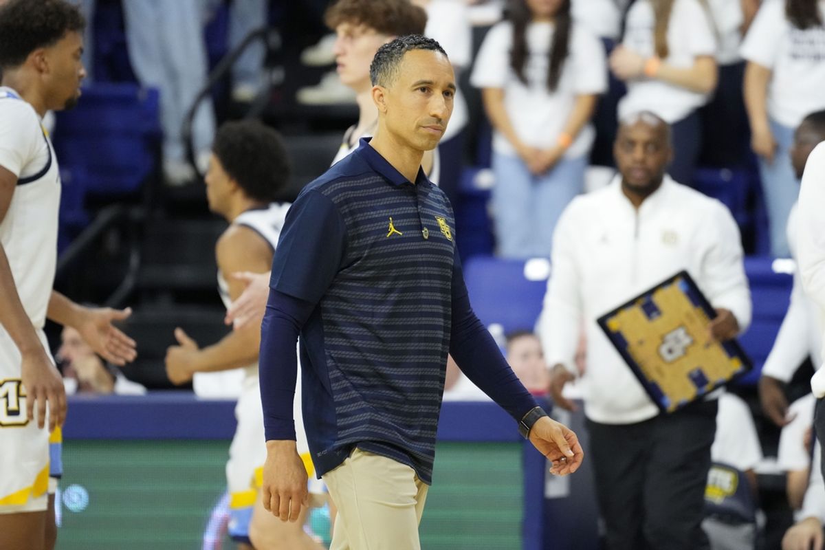 Nov 8, 2024; Milwaukee, Wisconsin, USA;  Marquette Golden Eagles head coach Shaka Smart during the game against the George Mason Patriots at Al McGuire Center. Mandatory Credit: Jeff Hanisch-Imagn Images