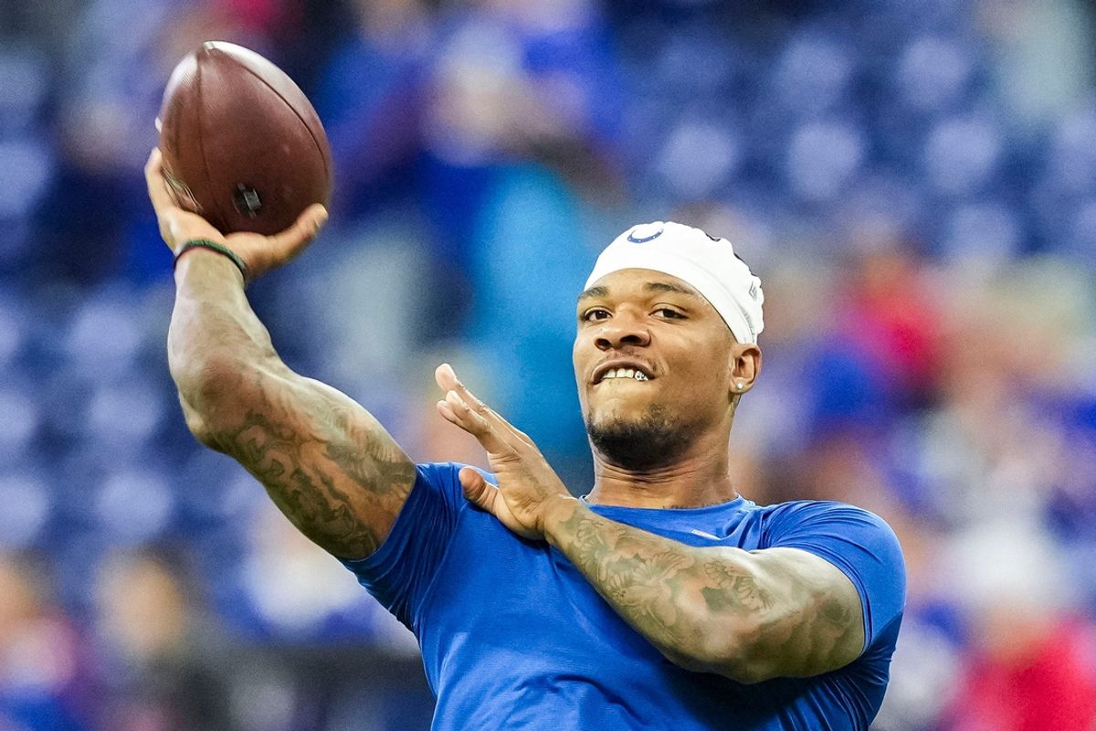 Indianapolis Colts quarterback Anthony Richardson (5) warms up Sunday, Nov. 10, 2024, during a game against the Buffalo Bills at Lucas Oil Stadium in Indianapolis.