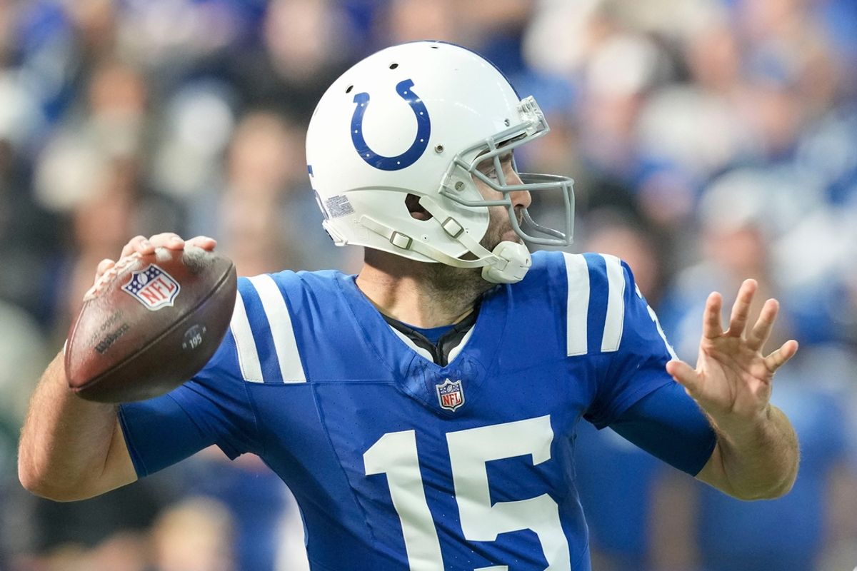 Indianapolis Colts quarterback Joe Flacco (15) draws back to making his first pass of the game Sunday, Nov. 10, 2024, during a game against the Buffalo Bills at Lucas Oil Stadium in Indianapolis. The pass was intercepted and run back for a touchdown by Buffalo Bills cornerback Taron Johnson (7).