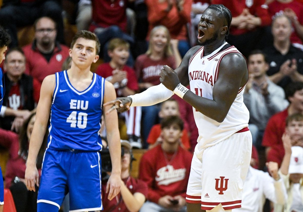 Nov 10, 2024; Bloomington, Indiana, USA;  Indiana Hoosiers center Oumar Ballo (11) celebrates after making a shot and being fouled during the second half against the Eastern Illinois Panthers at Simon Skjodt Assembly Hall. Mandatory Credit: Robert Goddin-Imagn Images