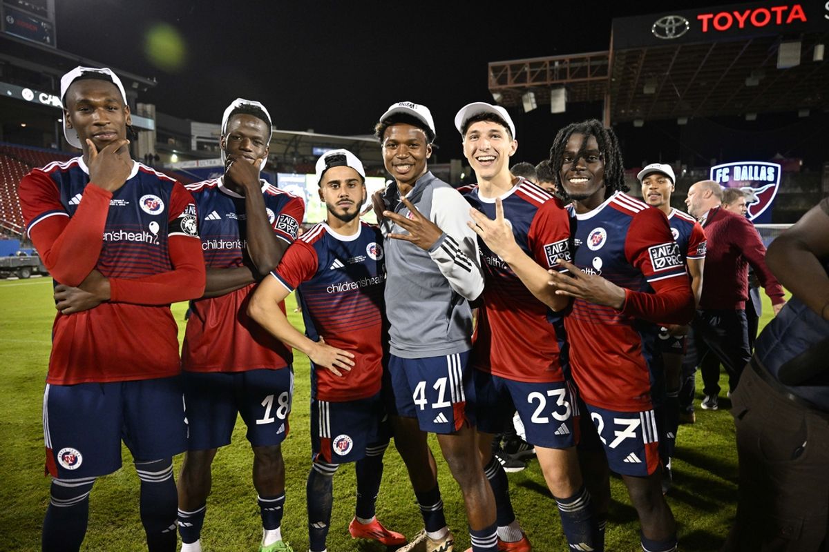Nov 9, 2024; Frisco, Texas, USA; North Texas SC players pose with their championship hats after North Texas SC defeats Philadelphia Union II in the 2024 MLS NEXT Pro Cup at Toyota Stadium. Mandatory Credit: Jerome Miron-Imagn Images