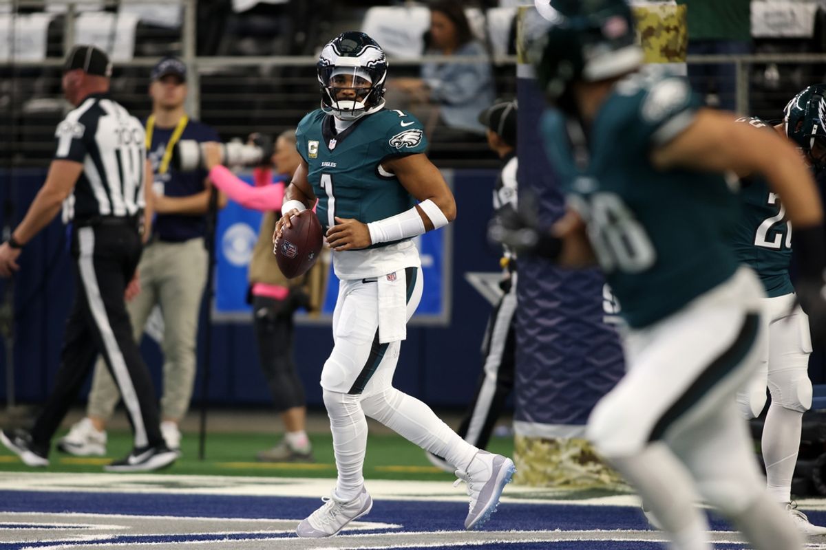 Nov 10, 2024; Arlington, Texas, USA; Philadelphia Eagles quarterback Jalen Hurts (1) stands on the field before the game against the Dallas Cowboys at AT&T Stadium. Mandatory Credit: Tim Heitman-Imagn Images