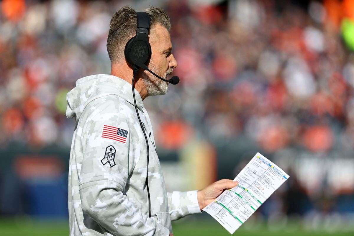 Nov 10, 2024; Chicago, Illinois, USA; Chicago Bears head Coach Matt Eberflus during the third quarter against the New England Patriots at Soldier Field. Mandatory Credit: Mike Dinovo-Imagn Images
