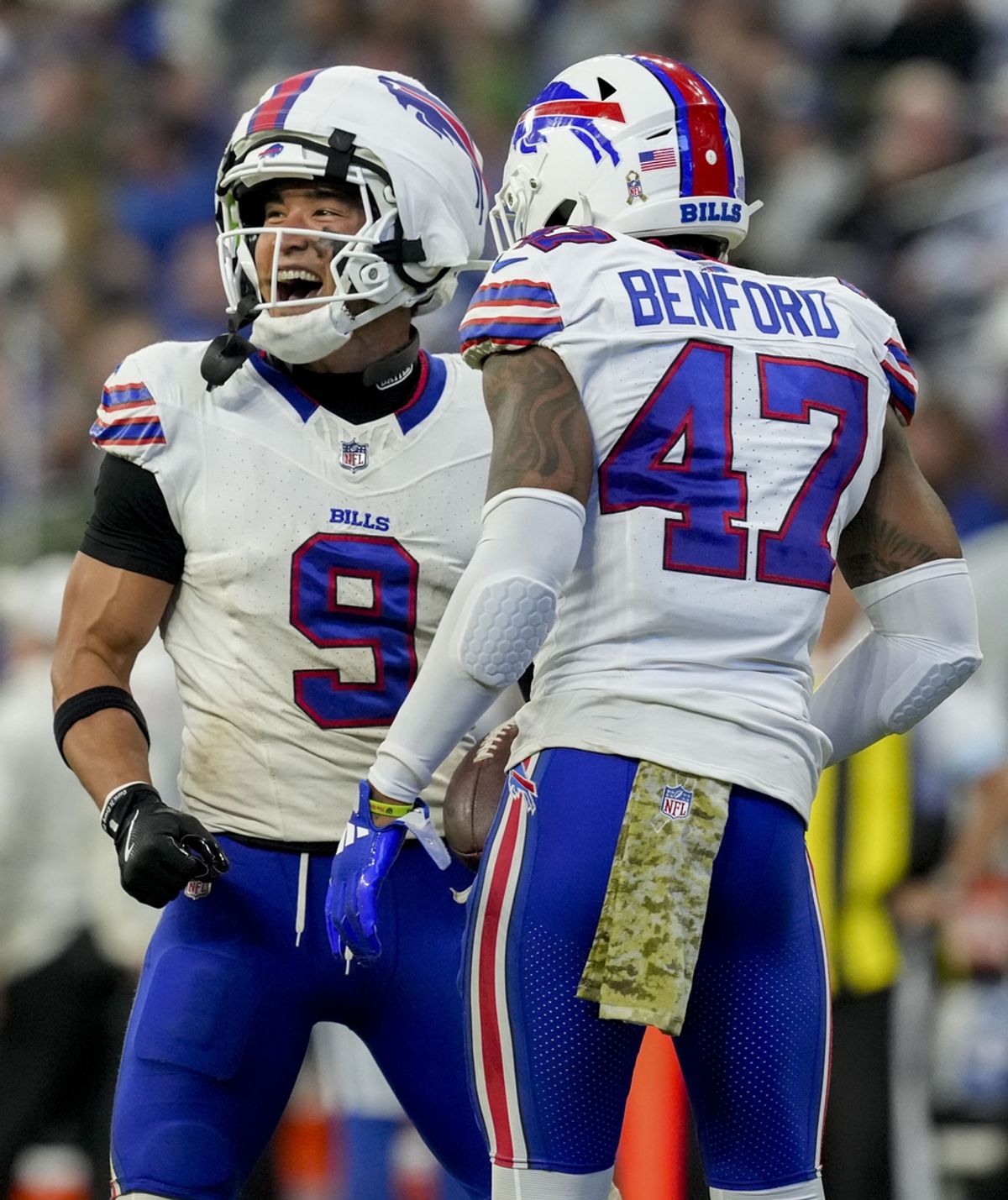 Nov 10, 2024; Indianapolis, Indiana, USA; Buffalo Bills safety Taylor Rapp (9) celebrates after making an interception Sunday, Nov. 10, 2024, during a game against the Indianapolis Colts at Lucas Oil Stadium in Indianapolis. Mandatory Credit: Grace Smith-USA TODAY Network via Imagn Images