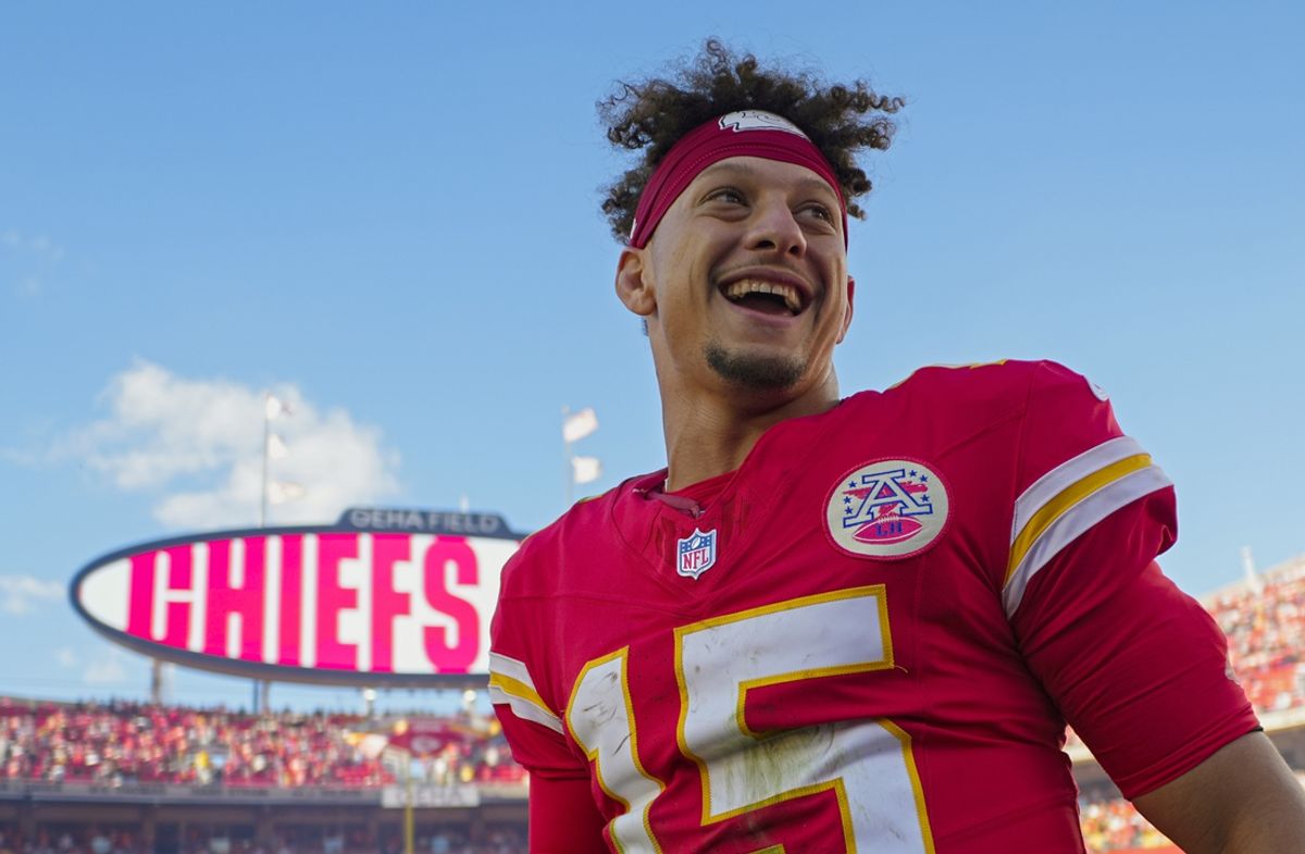 Nov 10, 2024; Kansas City, Missouri, USA; Kansas City Chiefs quarterback Patrick Mahomes (15) celebrates after defeating the Denver Broncos at GEHA Field at Arrowhead Stadium. Mandatory Credit: Jay Biggerstaff-Imagn Images