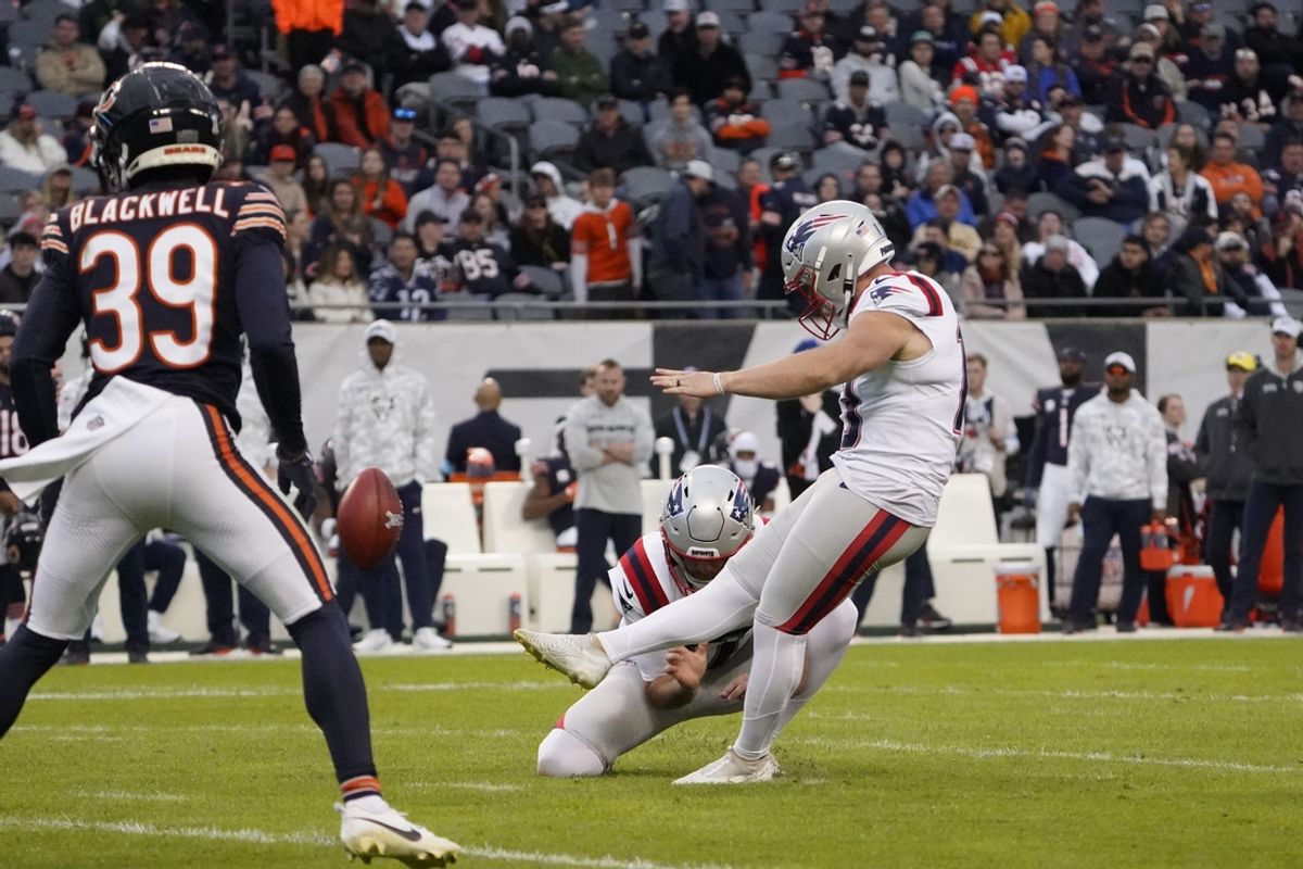 Nov 10, 2024; Chicago, Illinois, USA;New England Patriots place kicker Joey Slye (13) kicks a field goal against the Chicago Bears during the second half at Soldier Field. Mandatory Credit: David Banks-Imagn Images