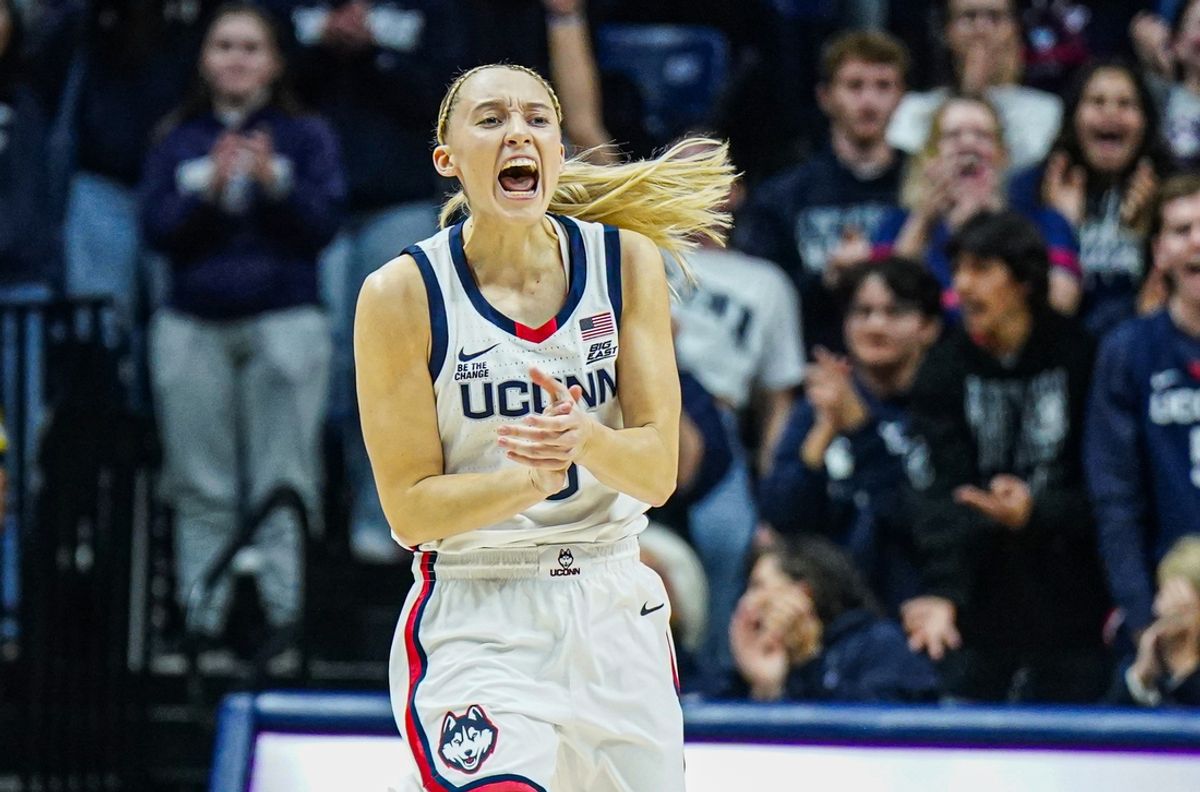 Nov 10, 2024; Storrs, Connecticut, USA; UConn Huskies guard Paige Bueckers (5) reacts after a basket against the South Florida Bulls in the first half at Harry A. Gampel Pavilion. Mandatory Credit: David Butler II-Imagn Images