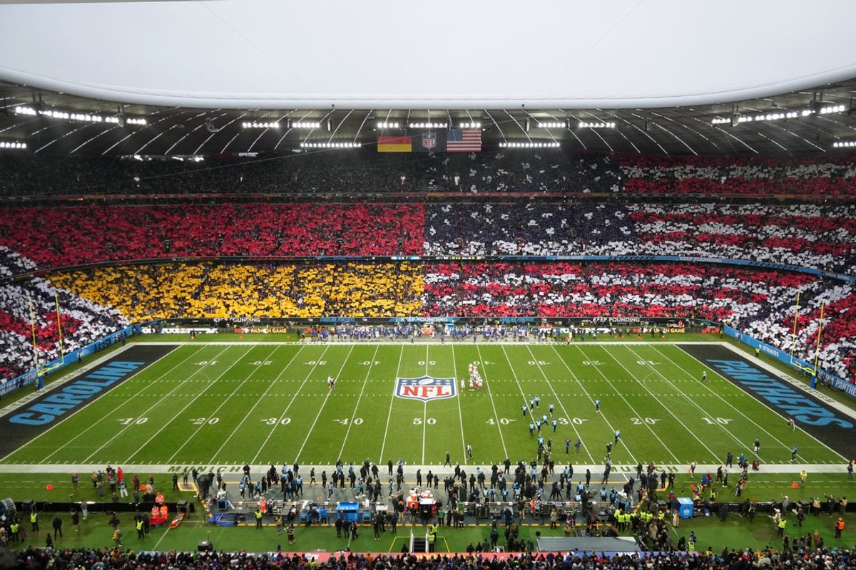 Nov 10, 2024; Munich, Germany; A general overall view of a tifo of the United States and Germany flags during the 2024 NFL Munich Game at Allianz Arena. Mandatory Credit: Kirby Lee-Imagn Images