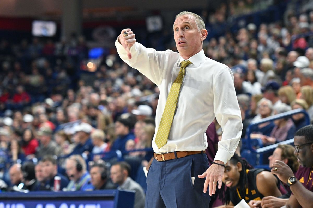 Nov 10, 2024; Spokane, Washington, USA; Arizona State Sun Devils head coach Bobby Hurley sends in a play against the Gonzaga Bulldogs in the first half at McCarthey Athletic Center. Mandatory Credit: James Snook-Imagn Images