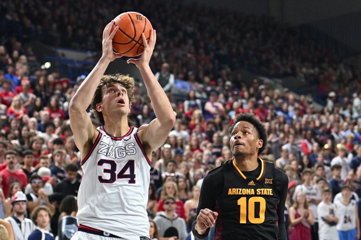 Nov 10, 2024; Spokane, Washington, USA; Gonzaga Bulldogs forward Braden Huff (34) shoots the ball against Arizona State Sun Devils guard BJ Freeman (10) in the first half at McCarthey Athletic Center. Mandatory Credit: James Snook-Imagn Images