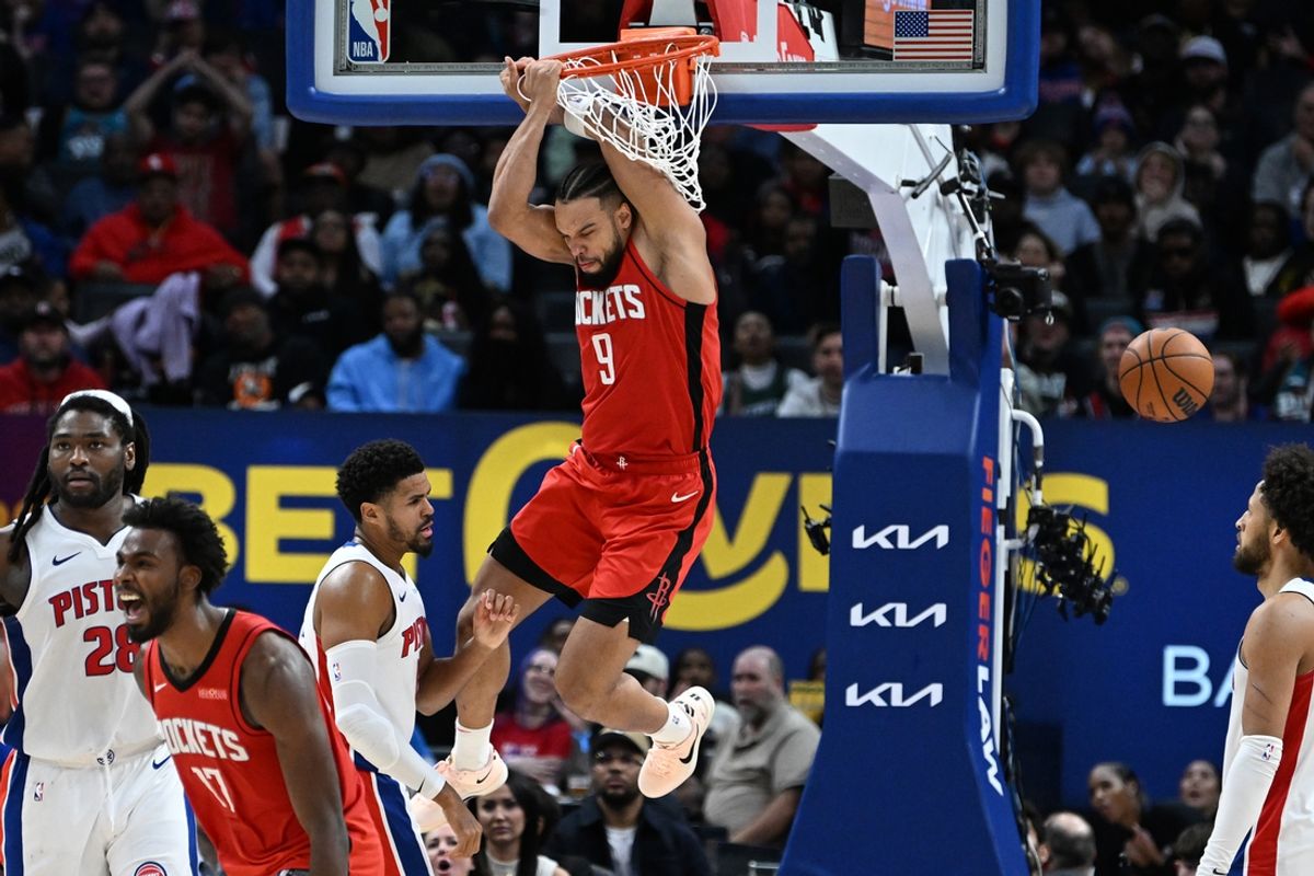 Nov 10, 2024; Detroit, Michigan, USA; Houston Rockets forward Dillon Brooks (9) dunks the ball against the Detroit Pistons in the fourth quarter at Little Caesars Arena. Mandatory Credit: Lon Horwedel-Imagn Images