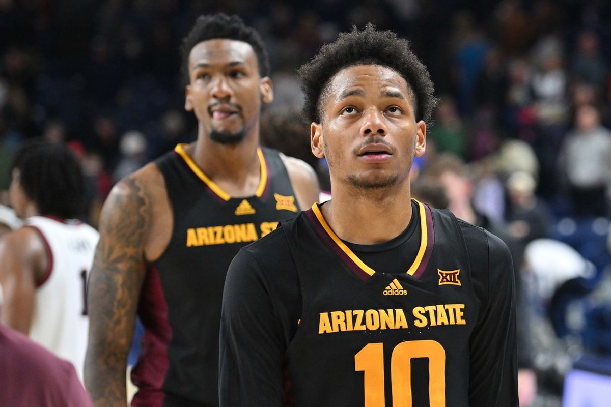 Nov 10, 2024; Spokane, Washington, USA; Arizona State Sun Devils guard BJ Freeman (10) walks off the court after a game against the Gonzaga Bulldogs at McCarthey Athletic Center. Gonzaga Bulldogs won 88-80. Mandatory Credit: James Snook-Imagn Images