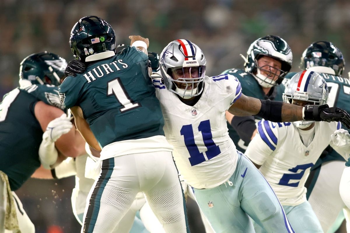 Nov 10, 2024; Arlington, Texas, USA; Dallas Cowboys linebacker Micah Parsons (11) rushes the passer in the game against the Philadelphia Eagles at AT&T Stadium. Mandatory Credit: Tim Heitman-Imagn Images
