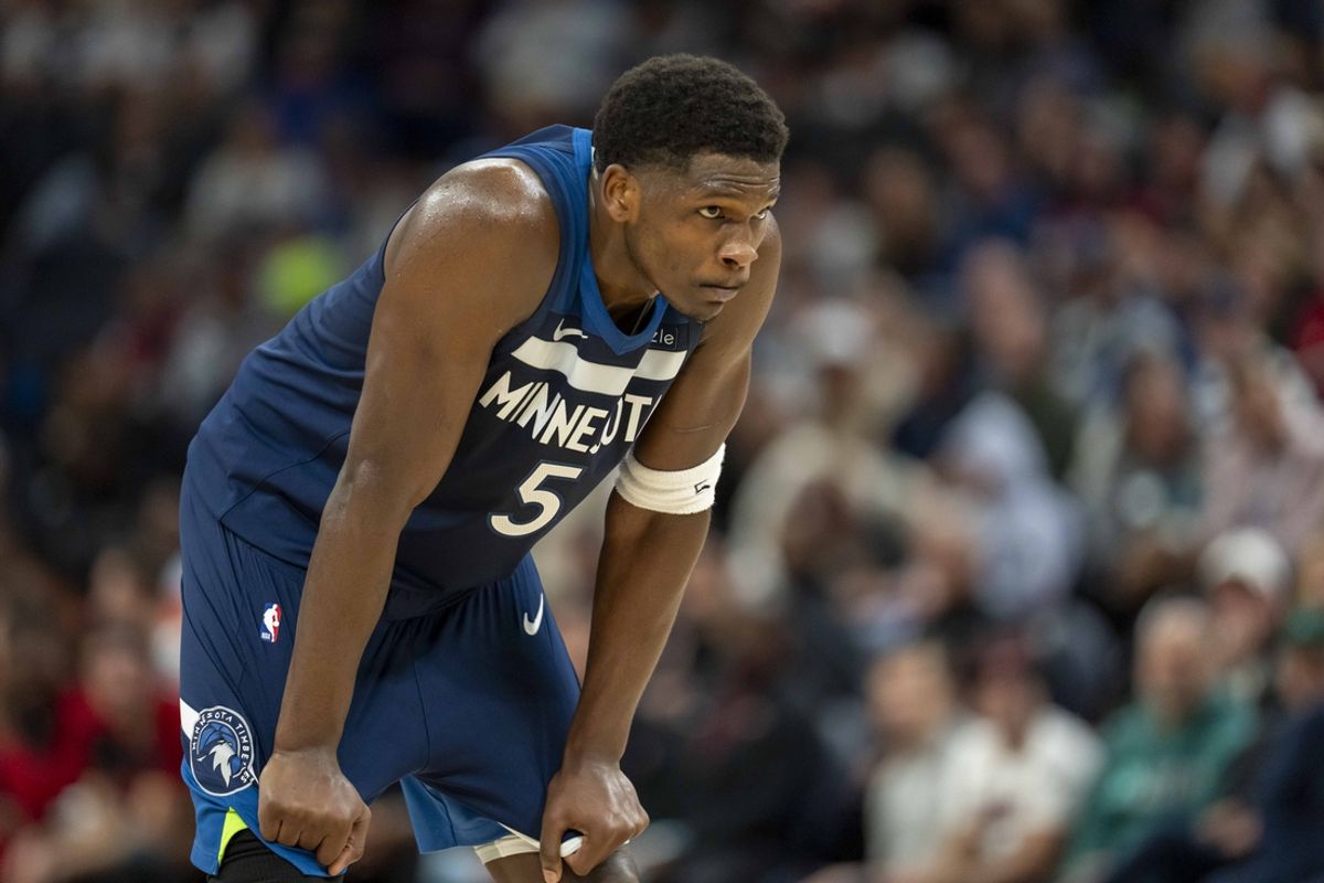 Nov 10, 2024; Minneapolis, Minnesota, USA; Minnesota Timberwolves guard Anthony Edwards (5) looks on against the Miami Heat in the first half at Target Center. Mandatory Credit: Jesse Johnson-Imagn Images
