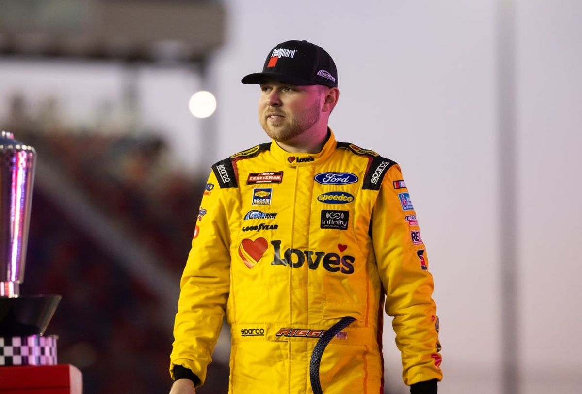 Nov 8, 2024; Avondale, Arizona, USA; NASCAR Truck Series driver Layne Riggs (38) during the NASCAR Truck Series championship race at Phoenix Raceway. Mandatory Credit: Mark J. Rebilas-Imagn Images