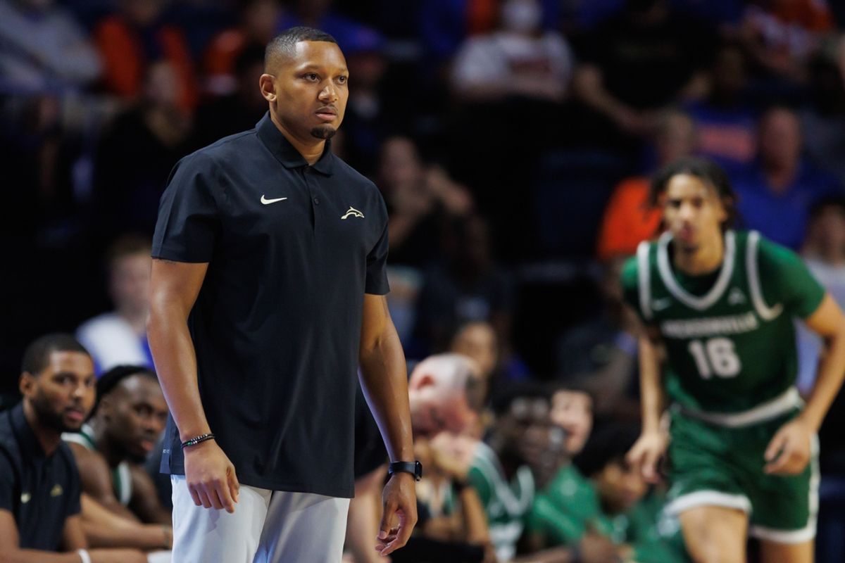 Nov 7, 2024; Gainesville, Florida, USA; Jacksonville Dolphins head coach Jordan Mincy looks on against the Florida Gators during the first half at Exactech Arena at the Stephen C. O'Connell Center. Mandatory Credit: Matt Pendleton-Imagn Images
