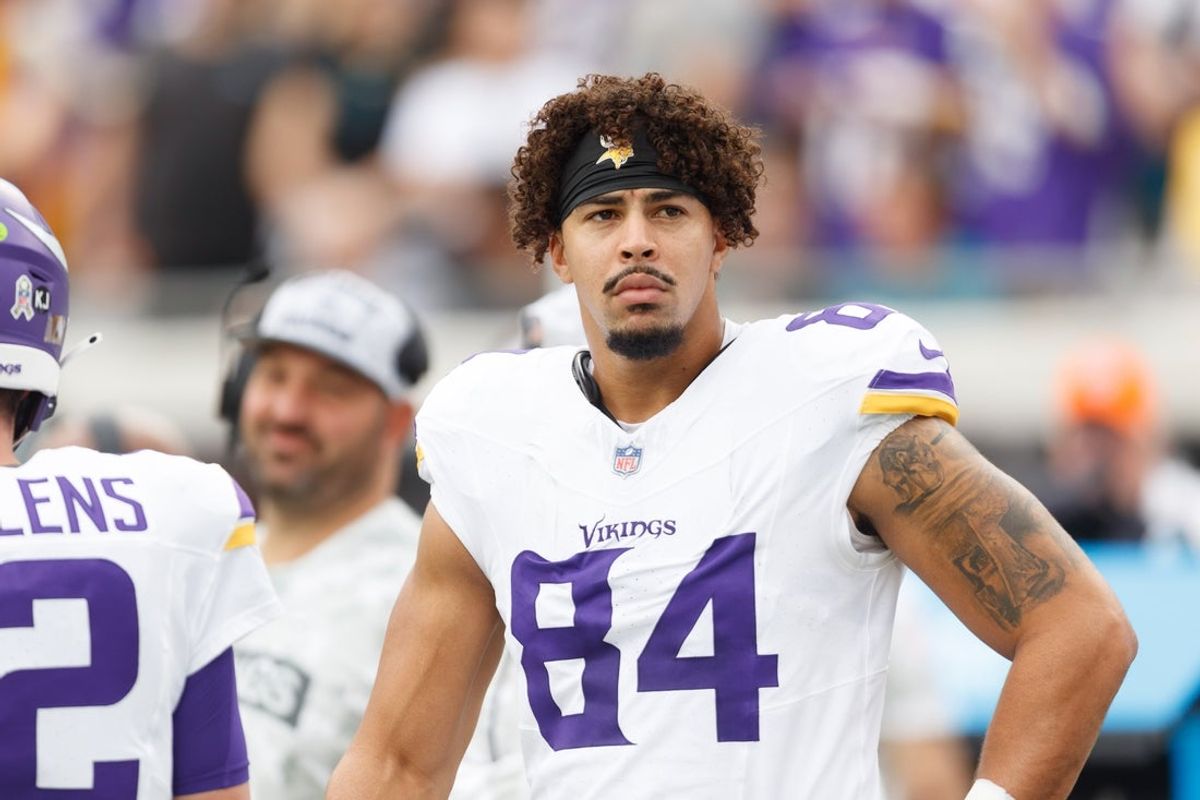 Nov 10, 2024; Jacksonville, Florida, USA; Minnesota Vikings tight end Josh Oliver (84) before the game against the Jacksonville Jaguars at EverBank Stadium. Mandatory Credit: Morgan Tencza-Imagn Images