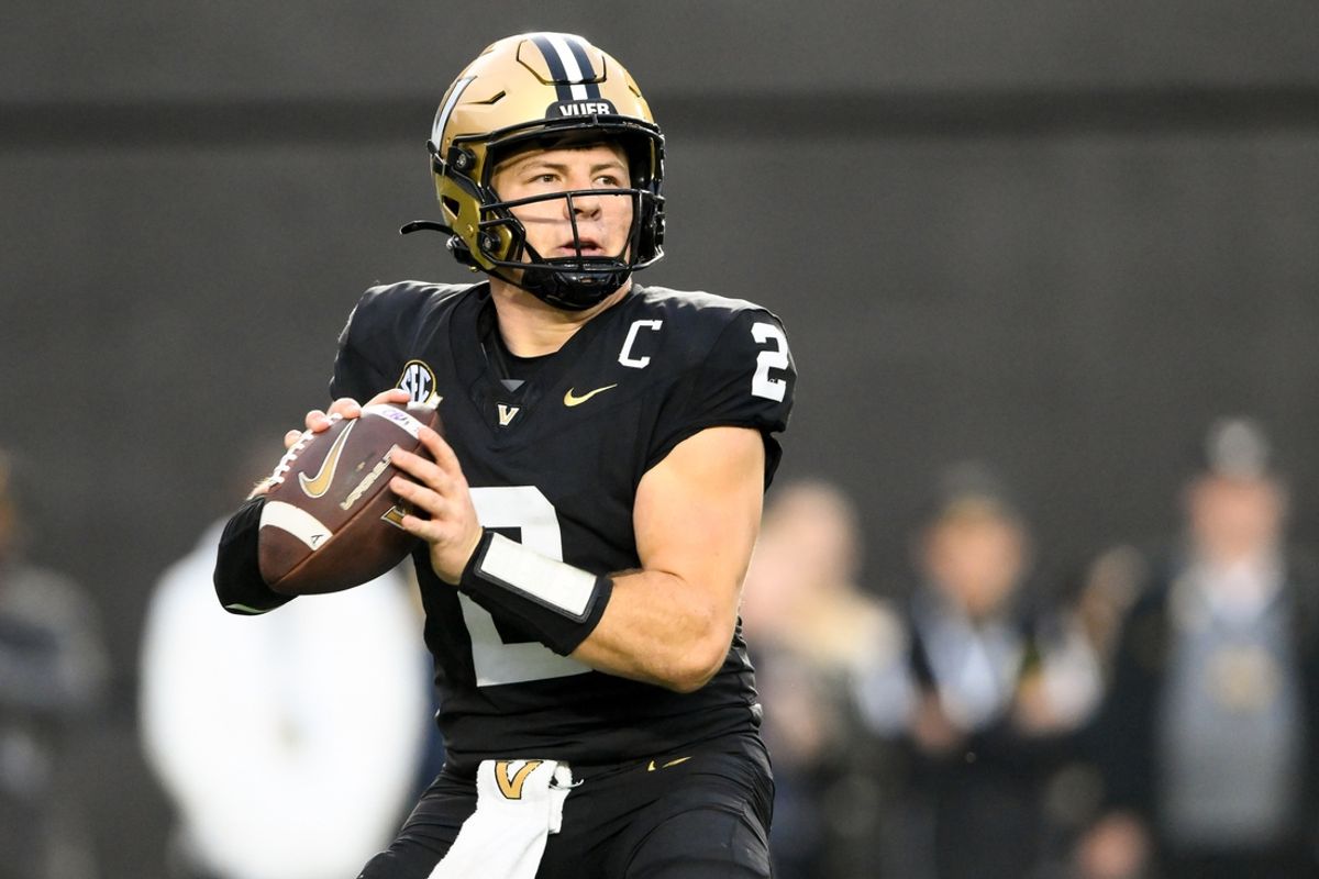 Nov 9, 2024; Nashville, Tennessee, USA;  Vanderbilt Commodores quarterback Diego Pavia (2) passes the ball against the South Carolina Gamecocks during the first half at FirstBank Stadium. Mandatory Credit: Steve Roberts-Imagn Images