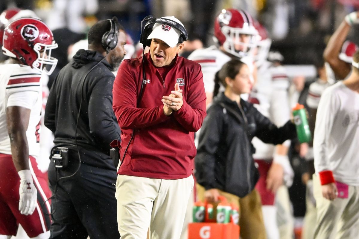 Nov 9, 2024; Nashville, Tennessee, USA;  South Carolina Gamecocks head coach Shane Beamer happy about the win over Vanderbilt Commodores during the second half at FirstBank Stadium. Mandatory Credit: Steve Roberts-Imagn Images