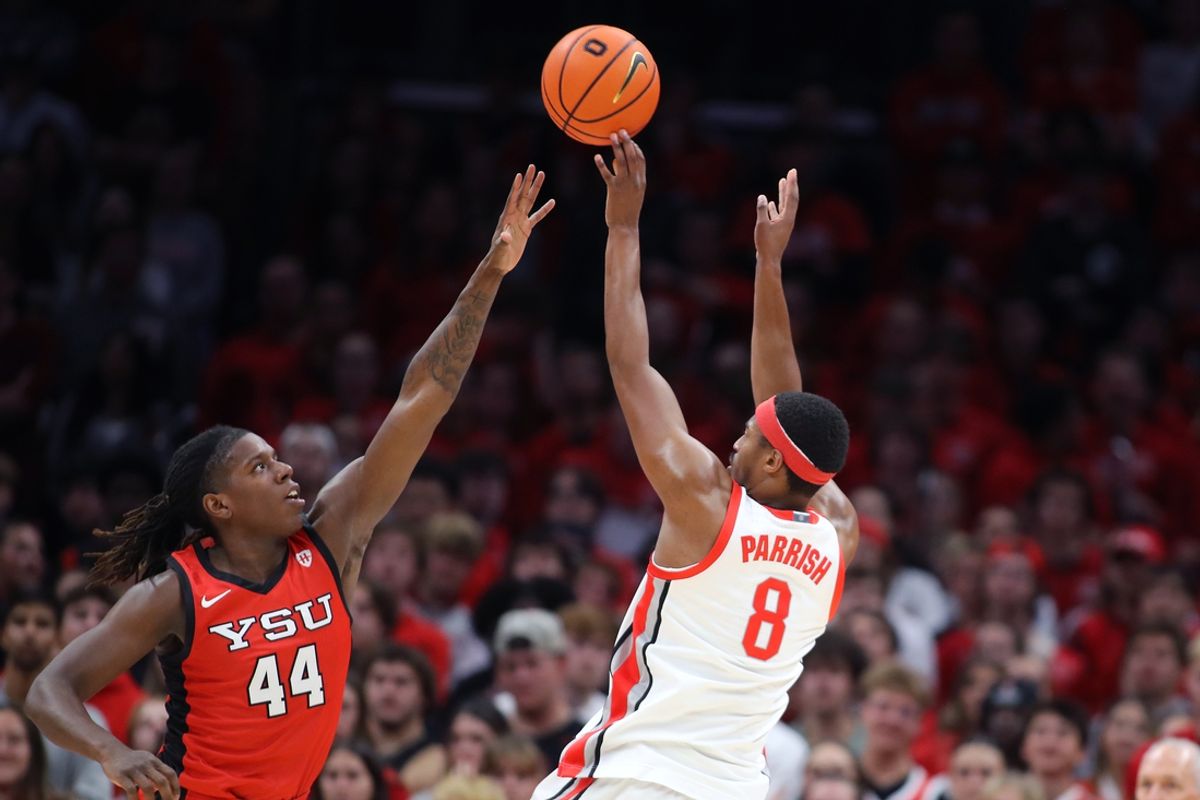 Nov 11, 2024; Columbus, Ohio, USA;  Ohio State Buckeyes guard Micah Parrish (8) attempts a shot as Youngstown State Penguins guard Nico Galette (44) defends during the first half at Value City Arena. Mandatory Credit: Joseph Maiorana-Imagn Images