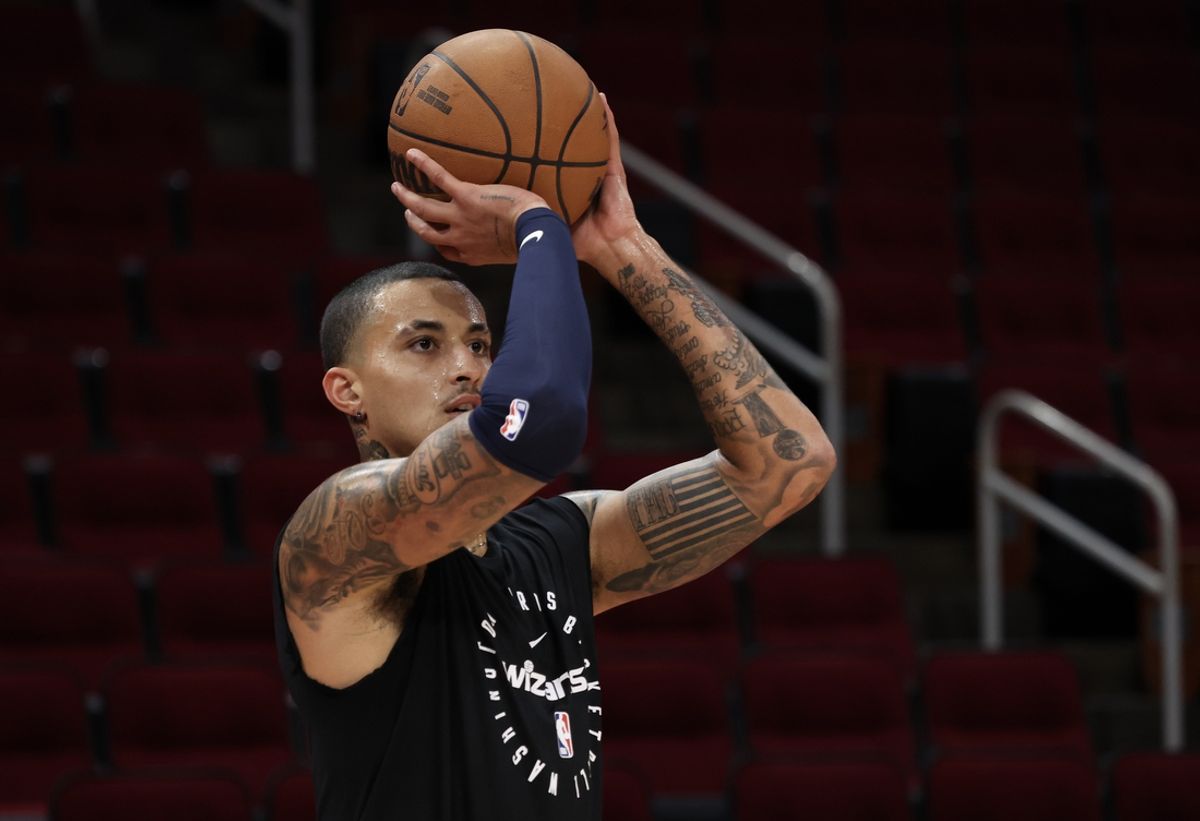 Nov 11, 2024; Houston, Texas, USA;  Washington Wizards forward Kyle Kuzma (33) warms up before playing against the Houston Rockets at Toyota Center. Mandatory Credit: Thomas Shea-Imagn Images