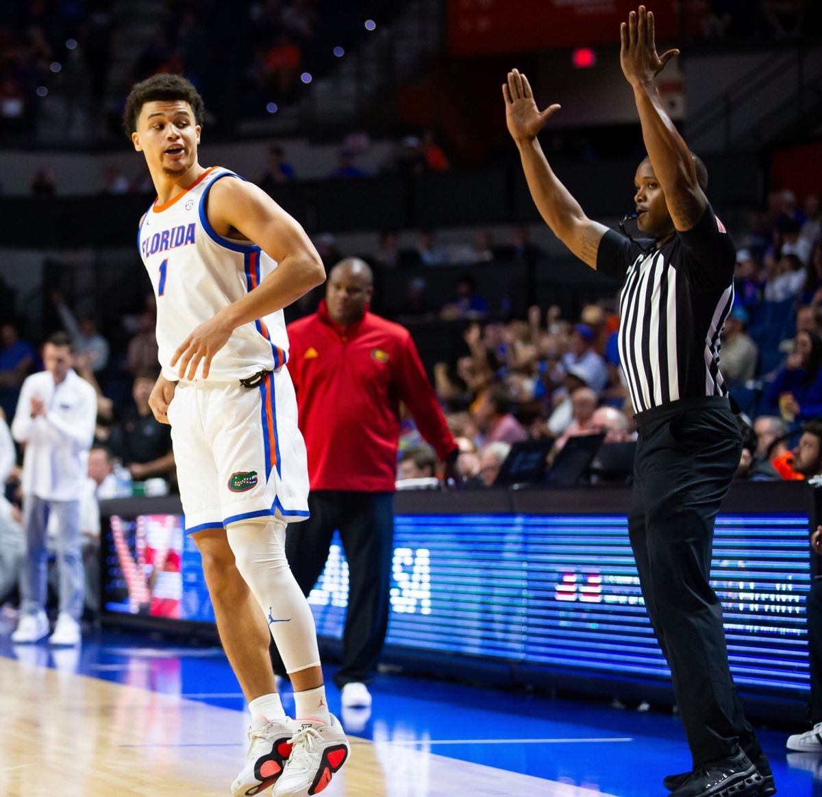 Florida Gators guard Walter Clayton Jr. (1) reacts to hhis three point shot during the first half. The Florida Gators hosted the Grambling Tigers at Exactech Area at the Stephen C. O'Connell Center in Gainesville, FL on Monday, November 11, 2024. [Doug Engle/Gainesville Sun]