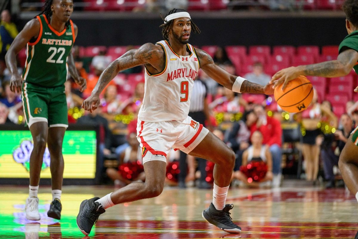 Nov 11, 2024; College Park, Maryland, USA; Maryland Terrapins guard Selton Miguel (9) defends the ball during the second half against the Florida A&M Rattlers at Xfinity Center. Mandatory Credit: Reggie Hildred-Imagn Images