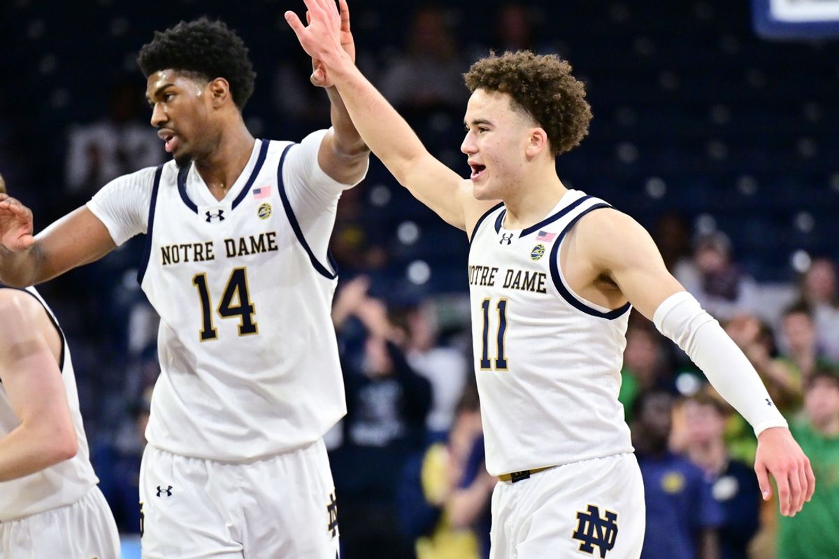 Nov 11, 2024; South Bend, Indiana, USA; Notre Dame Fighting Irish guard Braeden Shrewsberry (11) celebrates after a basket with forward Kebba Njie (14) in the second half against the Buffalo Bulls at the Purcell Pavilion. Mandatory Credit: Matt Cashore-Imagn Images