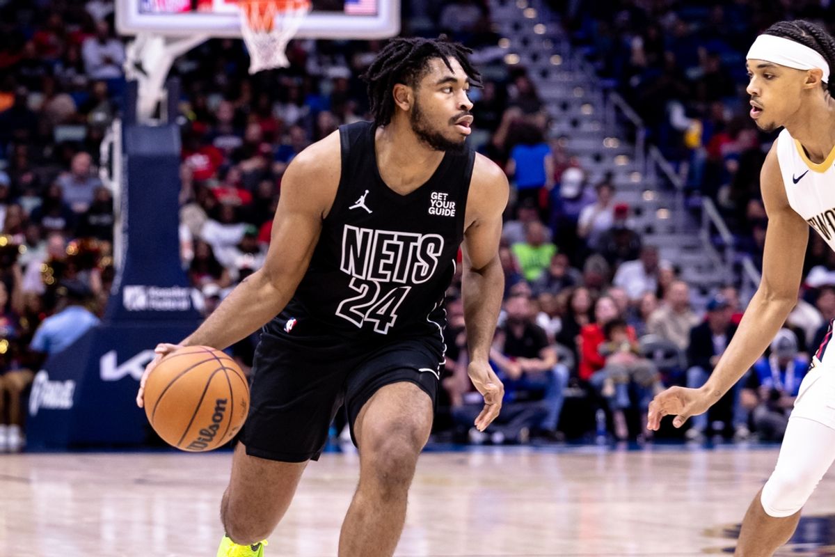 Nov 11, 2024; New Orleans, Louisiana, USA;  Brooklyn Nets guard Cam Thomas (24) dribbles against the New Orleans Pelicans during the first half at Smoothie King Center. Mandatory Credit: Stephen Lew-Imagn Images