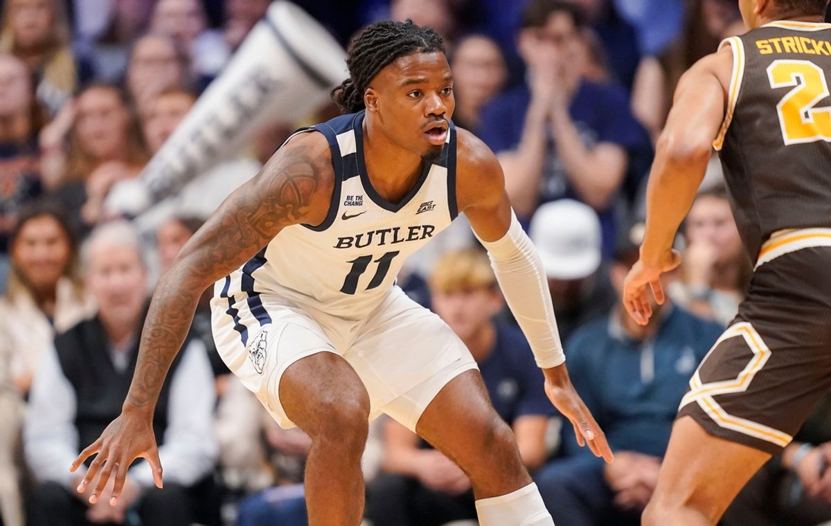 Butler Bulldogs forward Jahmyl Telfort (11) watches the ball Monday, Nov. 11, 2024, during the game at Hinkle Fieldhouse in Indianapolis. The Butler Bulldogs defeated the Western Michigan Broncos, 85-65.