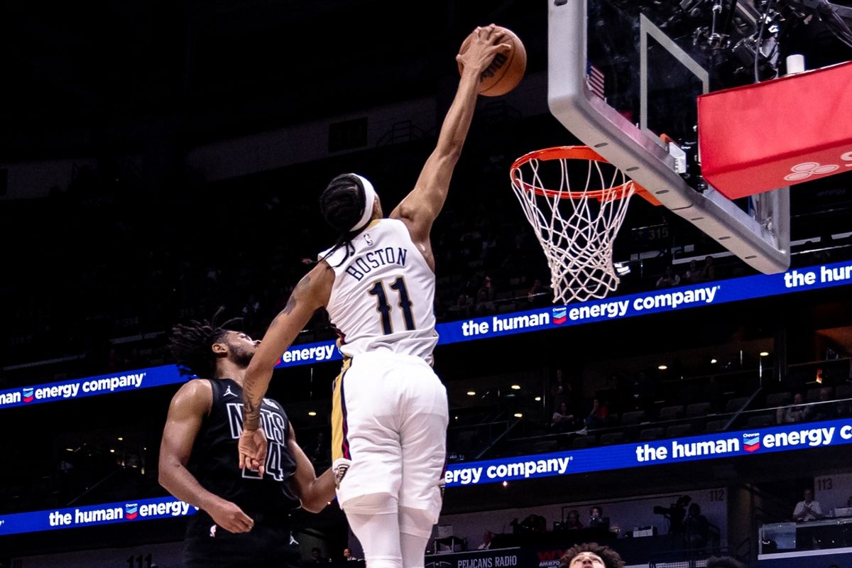 Nov 11, 2024; New Orleans, Louisiana, USA;  New Orleans Pelicans guard Brandon Boston Jr. (11) drives to the basket against Brooklyn Nets guard Cam Thomas (24) during the second half at Smoothie King Center. Mandatory Credit: Stephen Lew-Imagn Images