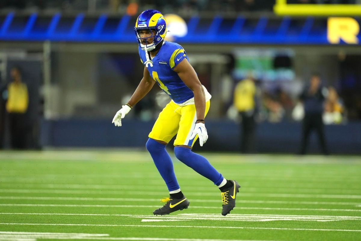 Nov 11, 2024; Inglewood, California, USA; Los Angeles Rams cornerback Ahkello Witherspoon (4) against the Miami Dolphins in the second half at SoFi Stadium. Mandatory Credit: Kirby Lee-Imagn Images