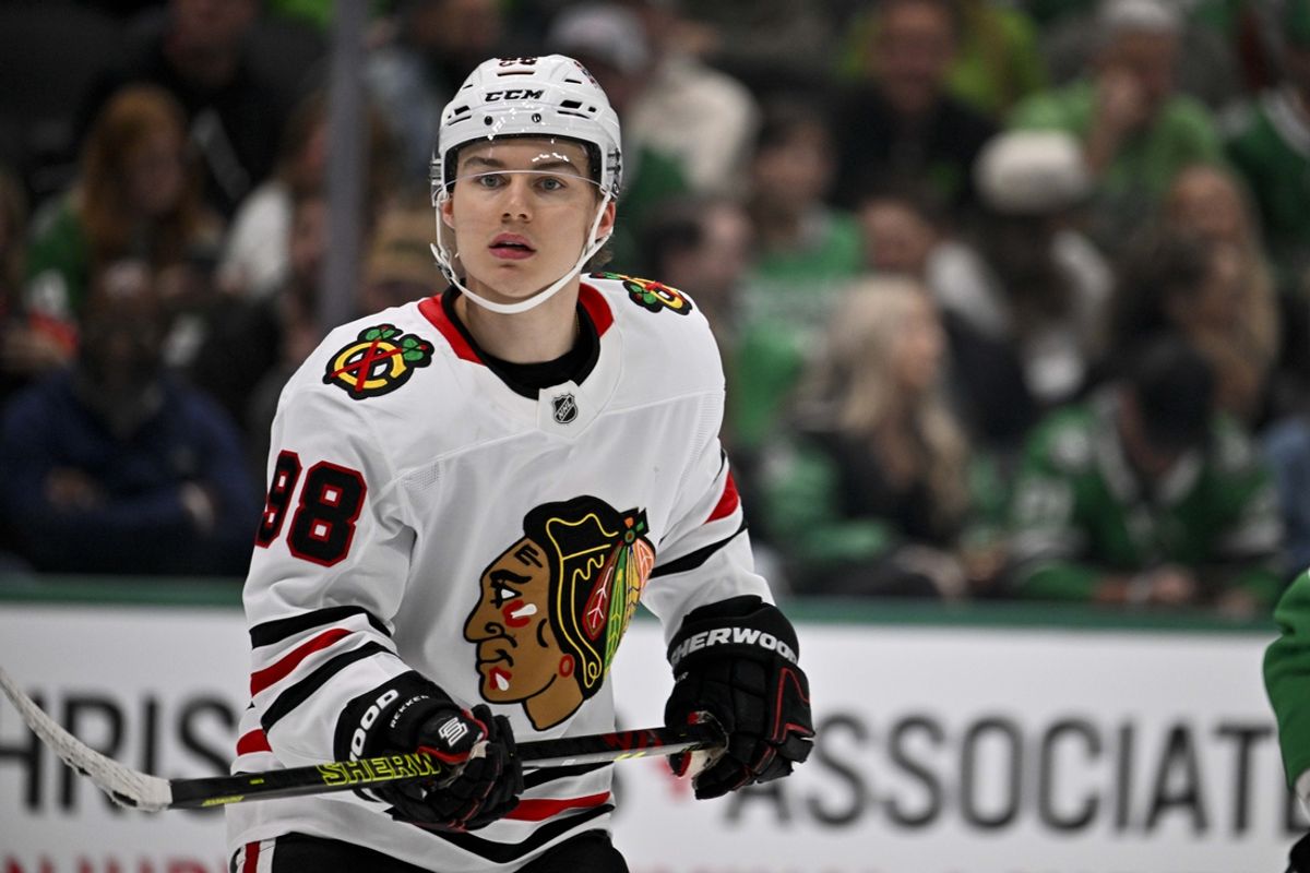 Nov 7, 2024; Dallas, Texas, USA; Chicago Blackhawks center Connor Bedard (98) in action during the game between the Dallas Stars and the Chicago Blackhawks at the American Airlines Center. Mandatory Credit: Jerome Miron-Imagn Images