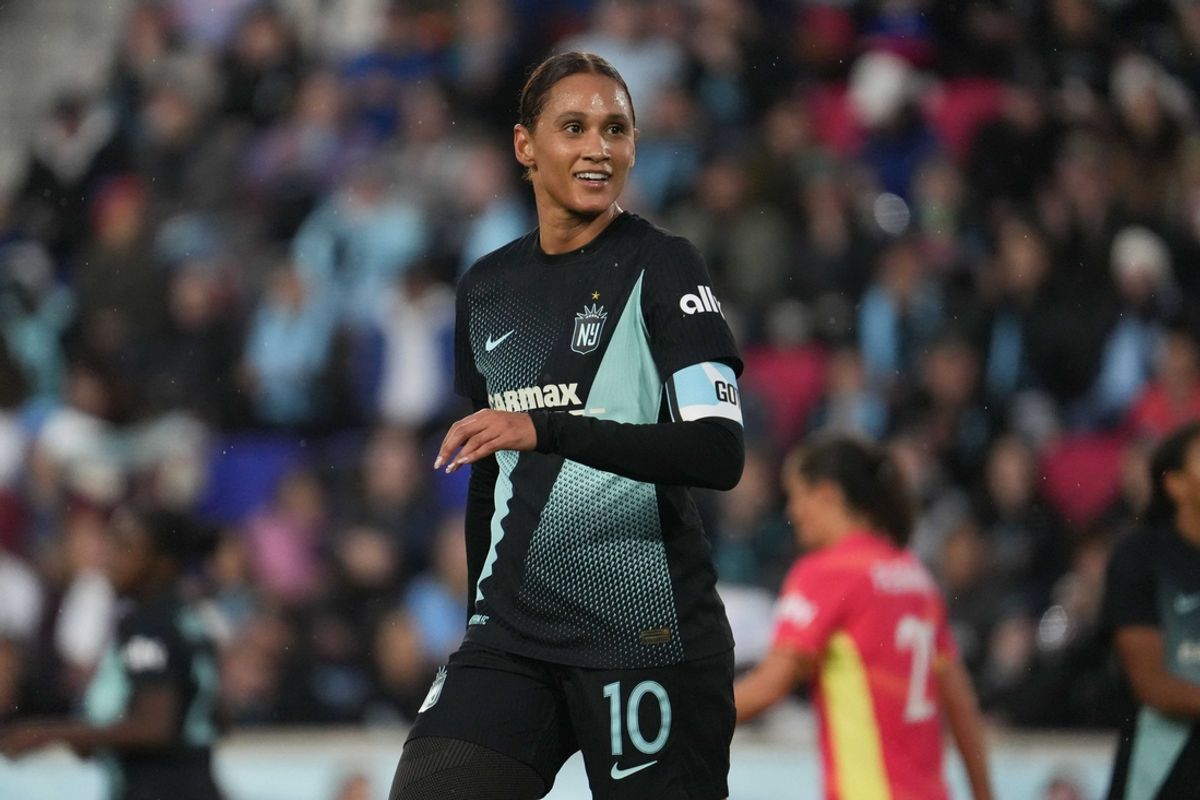 Nov 10, 2024; Harrison, New Jersey, USA; NJ/NY Gotham FC forward Lynn Williams (10) reacts during the second half of a 2024 NWSL Playoffs quarterfinal match against Portland Thorns FC at Red Bull Arena. Mandatory Credit: Lucas Boland-Imagn Images
