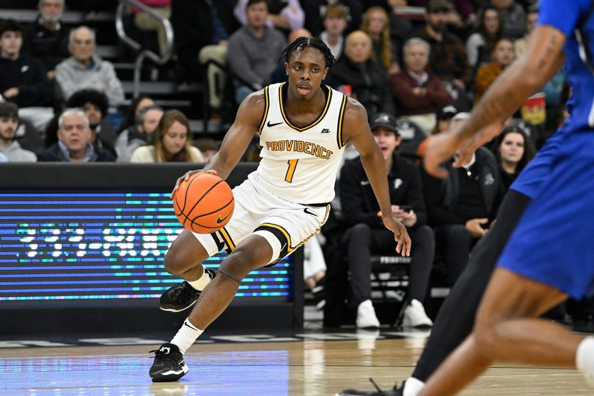 Nov 12, 2024; Providence, Rhode Island, USA; Providence Friars guard Jayden Pierre (1) dribbles against the Hampton Pirates during the first half at Amica Mutual Pavilion. Mandatory Credit: Eric Canha-Imagn Images