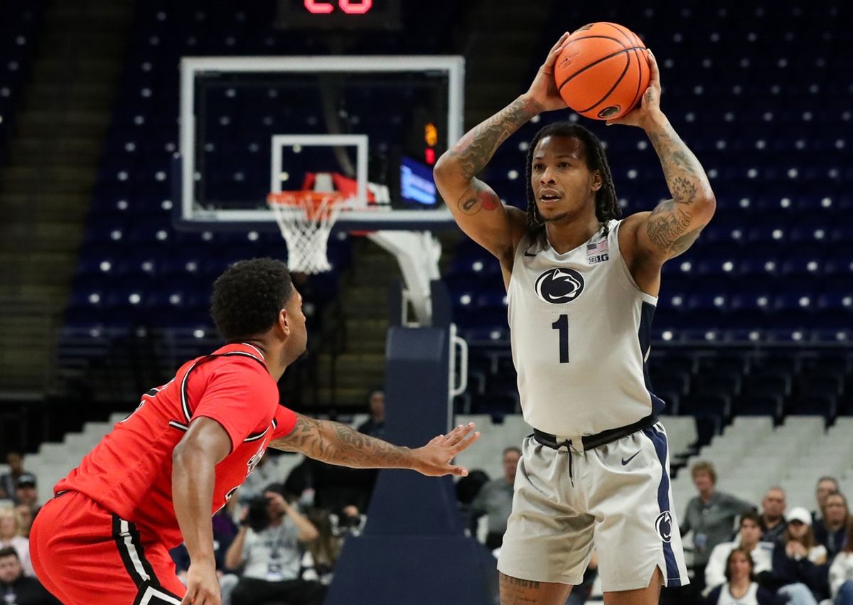 Nov 12, 2024; University Park, Pennsylvania, USA; Penn State Nittany Lions guard Ace Baldwin Jr (1) looks to pass during the first half against the Saint Francis Red Flash at Bryce Jordan Center. Mandatory Credit: Matthew O'Haren-Imagn Images