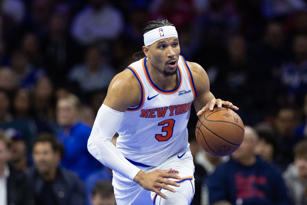 Nov 12, 2024; Philadelphia, Pennsylvania, USA; New York Knicks guard Josh Hart (3) dribbles the ball against the Philadelphia 76ers during the second quarter at Wells Fargo Center. Mandatory Credit: Bill Streicher-Imagn Images