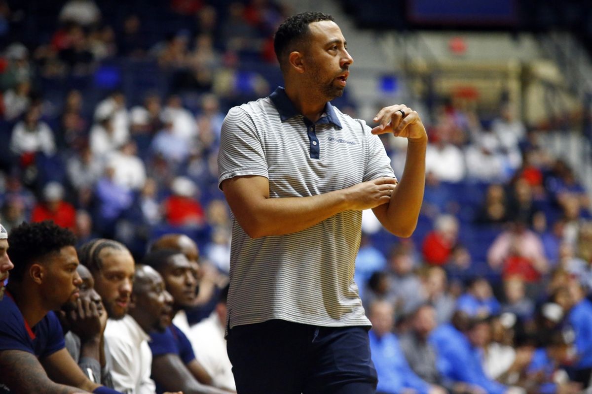 Nov 12, 2024; Oxford, Mississippi, USA; South Alabama Jaguars head coach Richie Riley watches during the first half against the Mississippi Rebels at C.M. 'Tad' Smith Coliseum. Mandatory Credit: Petre Thomas-Imagn Images