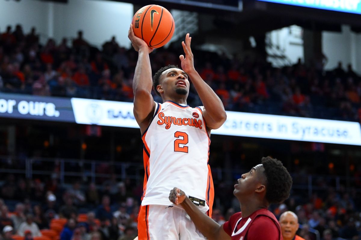 Nov 12, 2024; Syracuse, New York, USA; Syracuse Orange guard J.J. Starling (2) shoots the ball against the Colgate Raiders during the second half at the JMA Wireless Dome. Mandatory Credit: Rich Barnes-Imagn Images