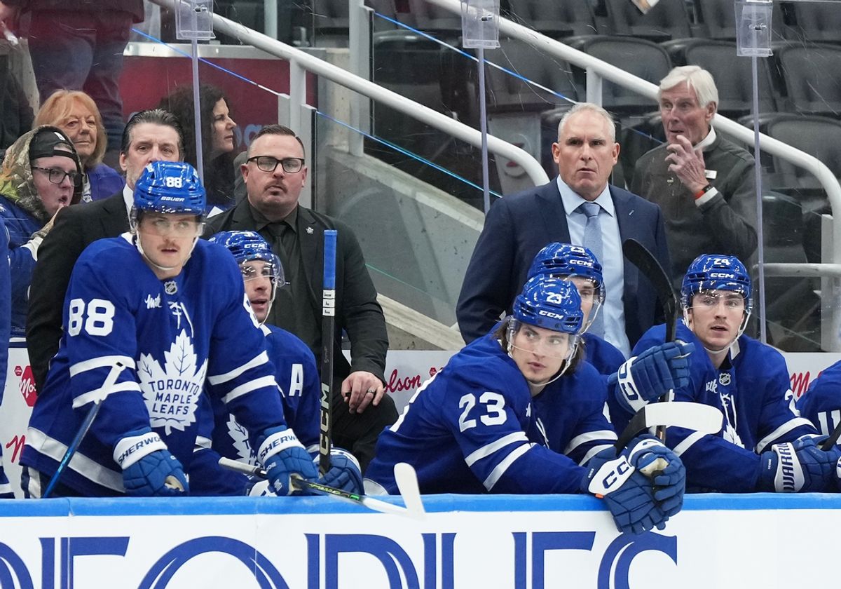 Nov 12, 2024; Toronto, Ontario, CAN; Toronto Maple Leafs head coach Craig Berube follows the play against the Ottawa Senators during the third period at Scotiabank Arena. Mandatory Credit: Nick Turchiaro-Imagn Images