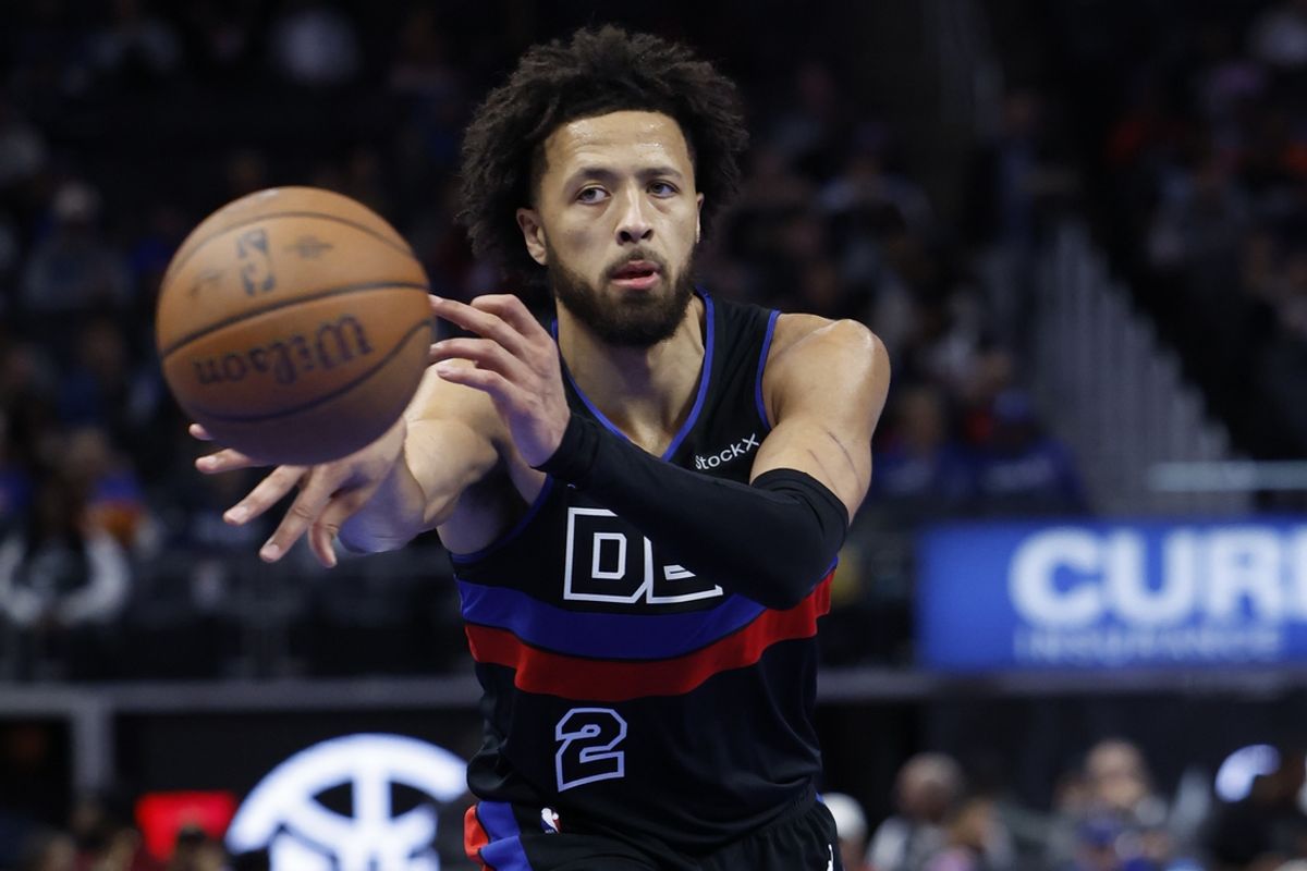 Nov 12, 2024; Detroit, Michigan, USA;  Detroit Pistons guard Cade Cunningham (2) passes in the second half against the Miami Heat at Little Caesars Arena. Mandatory Credit: Rick Osentoski-Imagn Images