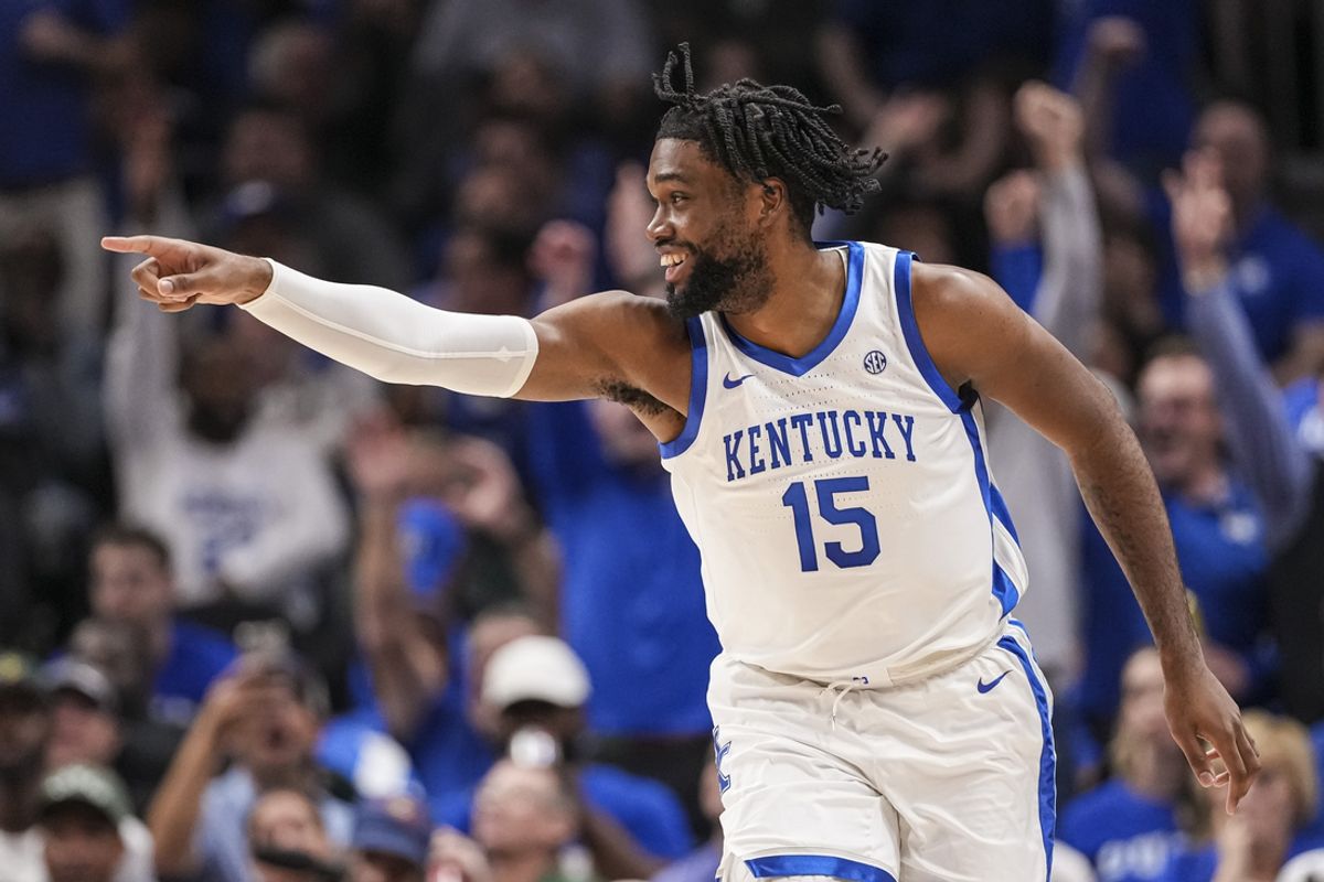 Nov 12, 2024; Atlanta, Georgia, USA; Kentucky Wildcats forward Ansley Almonor (15) reacts after making a three point shot against the Duke Blue Devils during the first half at State Farm Arena. Mandatory Credit: Dale Zanine-Imagn Images