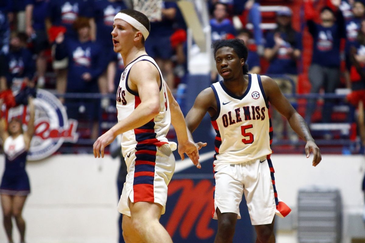 Nov 12, 2024; Oxford, Mississippi, USA; Mississippi Rebels guard Sean Pedulla (3) reacts with Mississippi Rebels guard Jaylen Murray (5) during the second half against the South Alabama Jaguars at C.M. 'Tad' Smith Coliseum. Mandatory Credit: Petre Thomas-Imagn Images