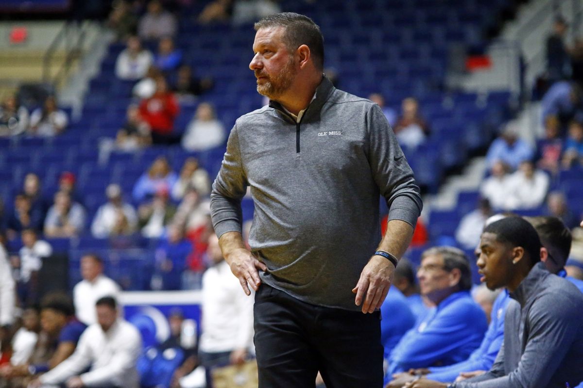 Nov 12, 2024; Oxford, Mississippi, USA; Mississippi Rebels head coach Chris Beard watches during the second half against the South Alabama Jaguars at C.M. 'Tad' Smith Coliseum. Mandatory Credit: Petre Thomas-Imagn Images