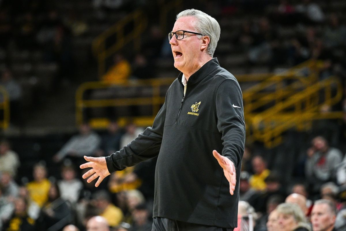 Nov 12, 2024; Iowa City, Iowa, USA; Iowa Hawkeyes head coach Fran McCaffery reacts during the second half against the South Dakota Coyotes at Carver-Hawkeye Arena. Mandatory Credit: Jeffrey Becker-Imagn Images